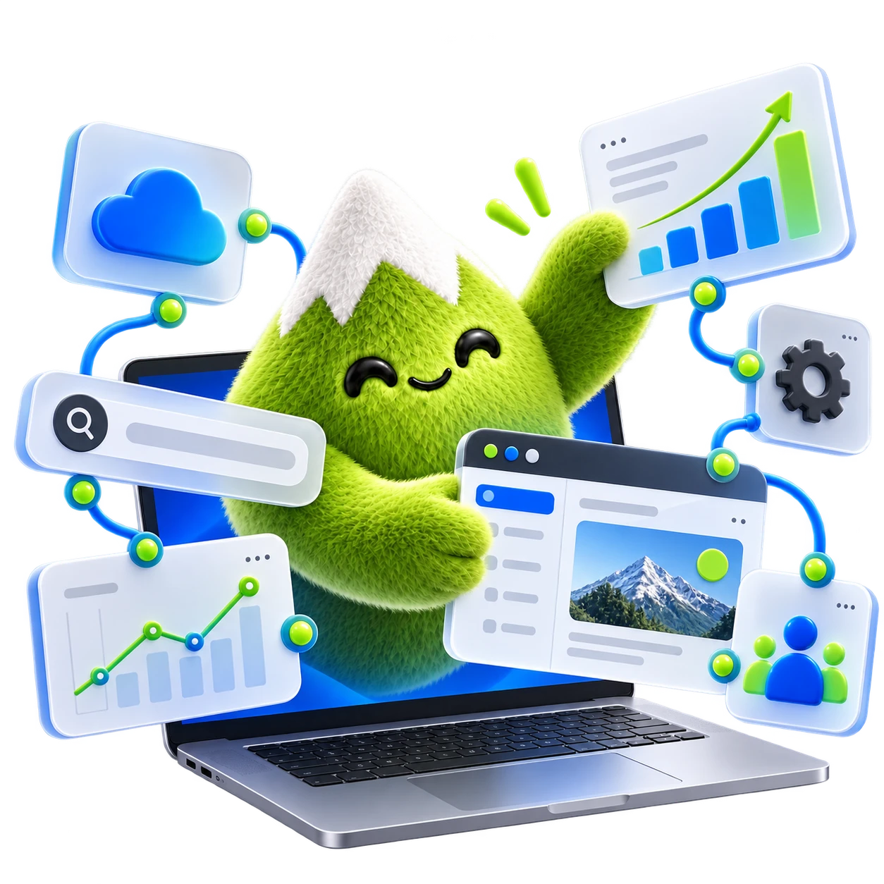 Mascota Sherpa con herramientas digitales