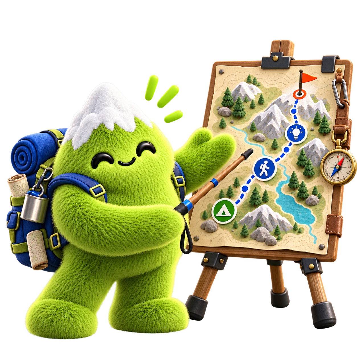 Mascota Sherpa explicando la ruta en un mapa